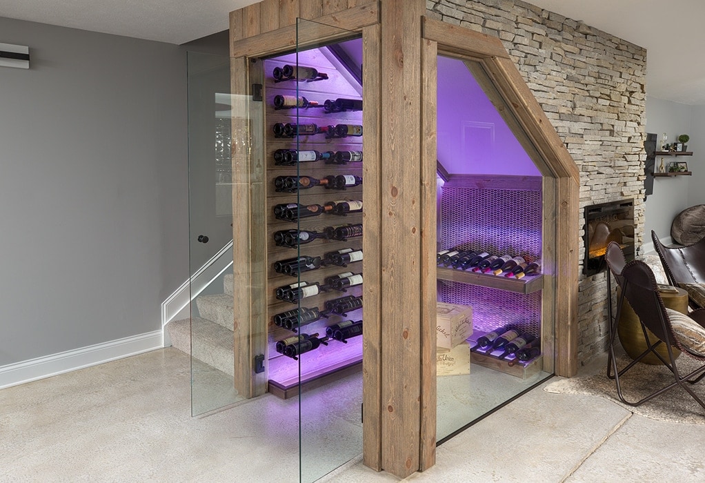 A walk-in wince cellar that was part of a basement renovation.