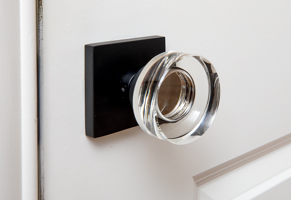 A glass door knob used in a kitchen, mudroom, and laundry renovation project.
