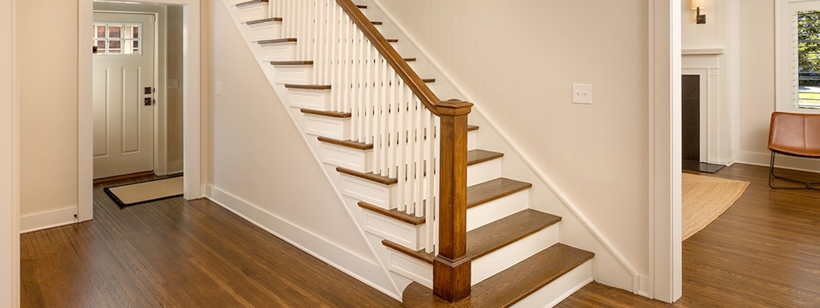 A staircase in a renovated house.