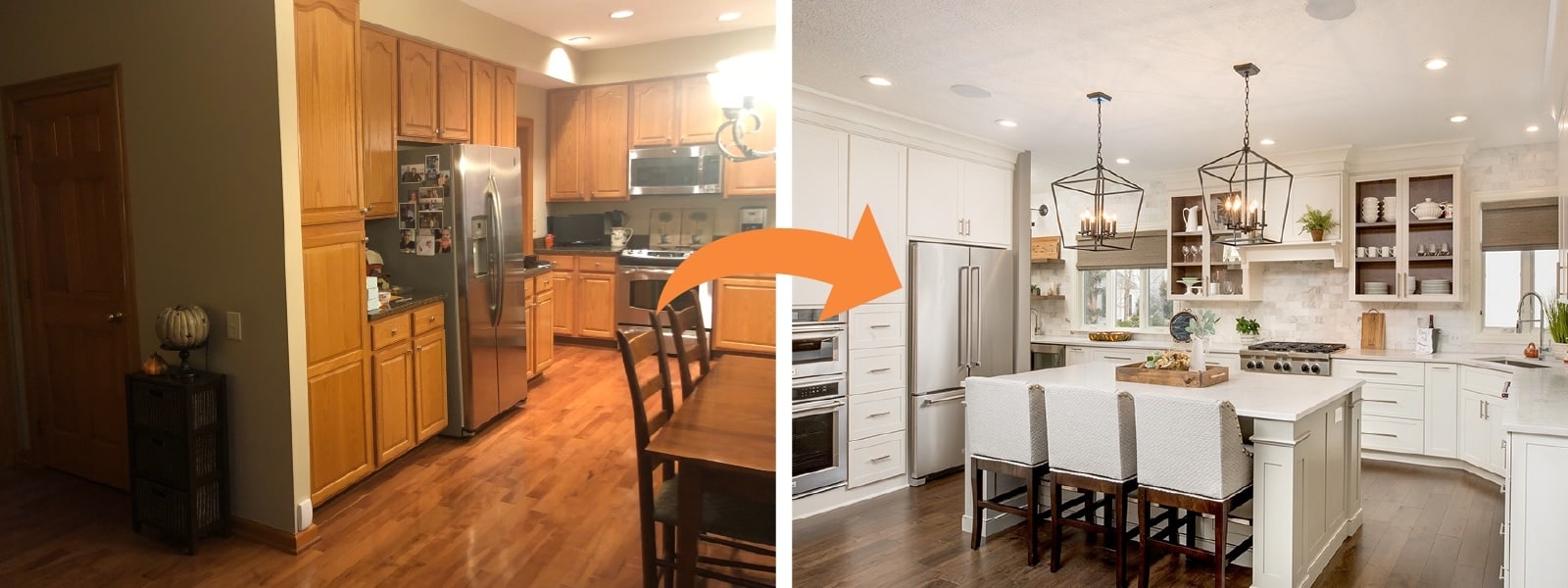 An before and after of a perfect kitchen remodel.