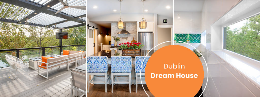 Three images of a renovated historic home in Dublin. The first image is aligned to the left and features an outdoor patio that overlooks the river. The middle image showcases the new kitchen with blue counter chairs centered. The image aligned to the right shows a new window in a bright, white shower and bathroom area.