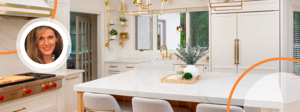A renovated kitchen from Epic Group Ohio. A photo of designer, Molly Croak, appears in a circle to the left.